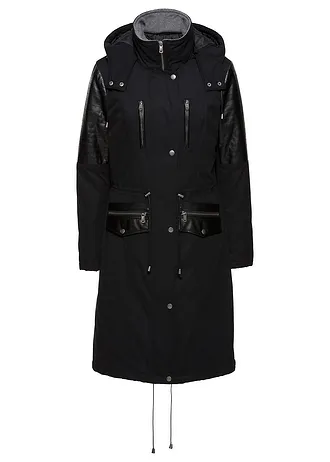 Dlhá bunda parka s koženkovými prvkami • čierna • obchod bonprix
