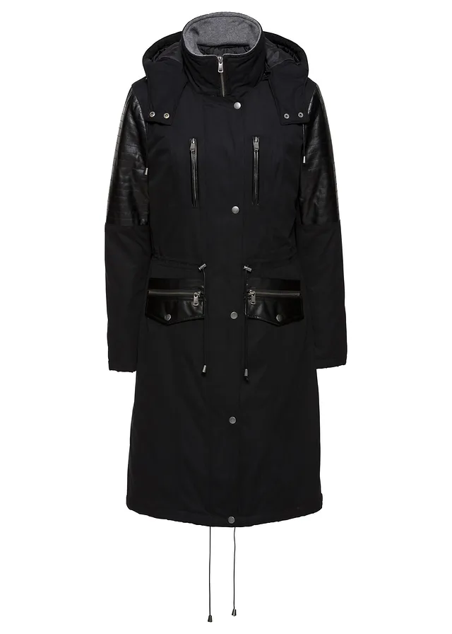 Dlouhá parka se vsadkou z umělé kůže • černá • bonprix obchod