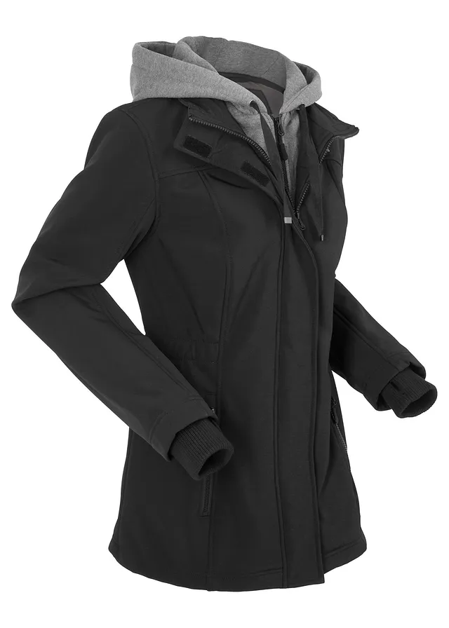 Lange softshell jas in layerlook, waterafstotend • zwart • bonprix online shop