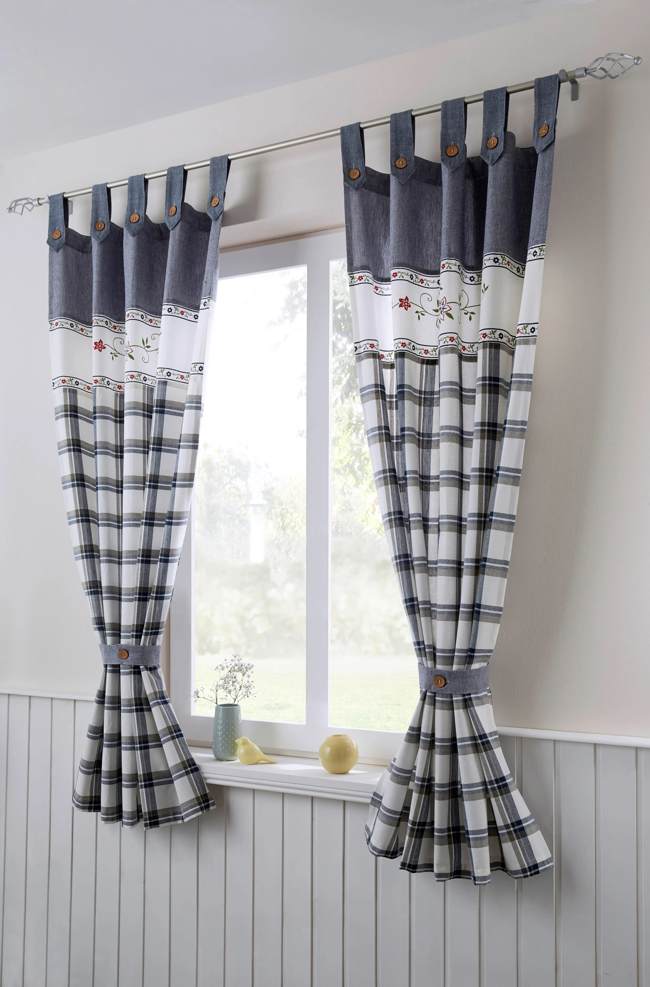 Bio-pamut függöny kikötővel (1 db) • kék/kockás • bonprix áruház