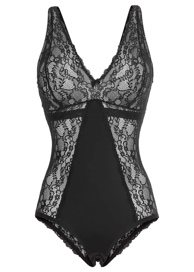 Body sans armatures avec dentelle, Couleur: noir/poudré