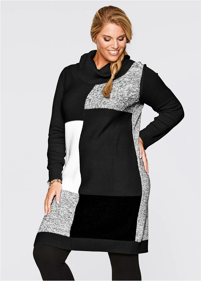 Robe en maille, manches longues, longueur genou, Couleur: anthracite chiné gris clair chiné blanc cassé noir