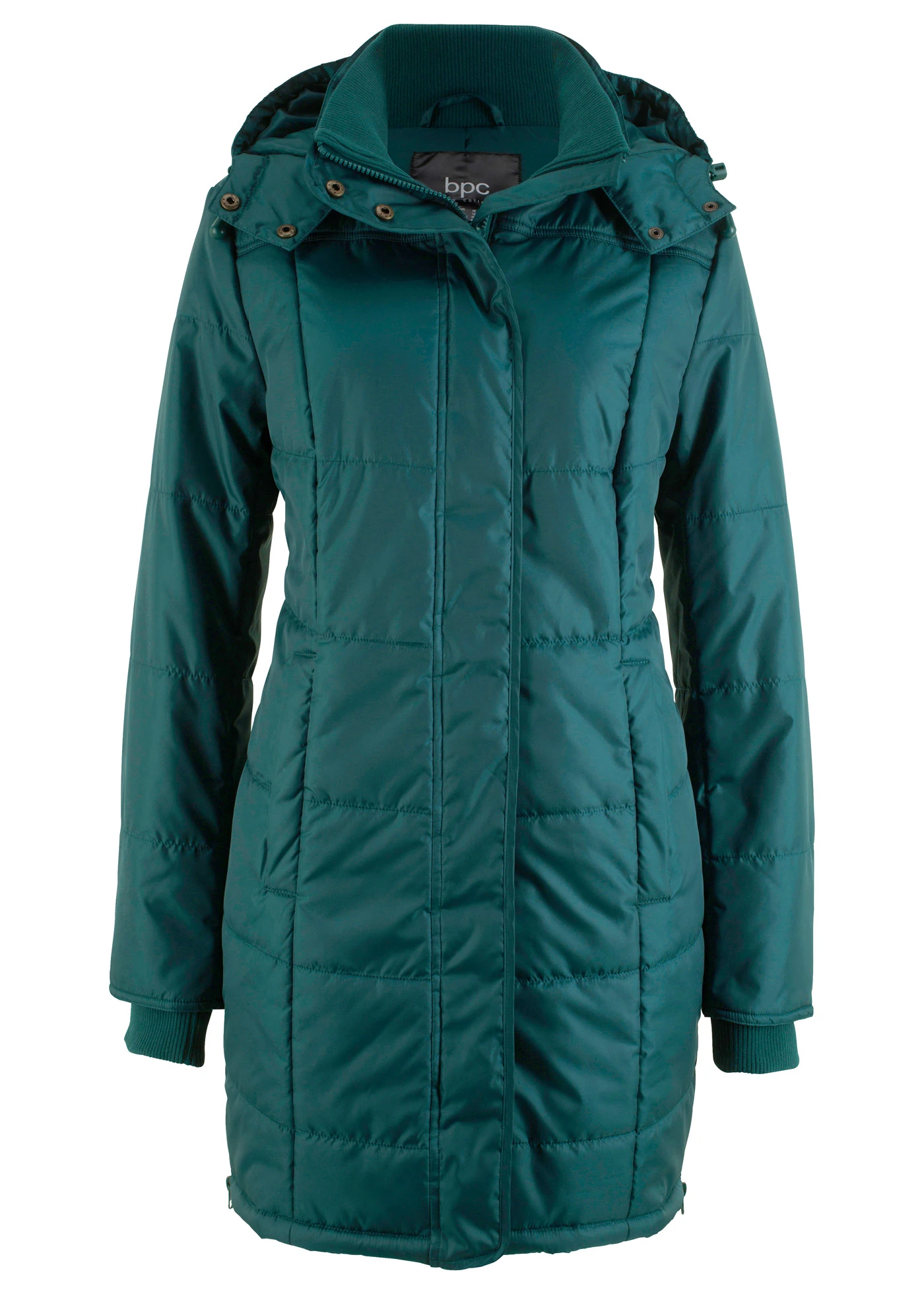 Dlouhá prošívaná bunda s límcem a kapucí, vatovaná • petrolejově zelená • bonprix obchod