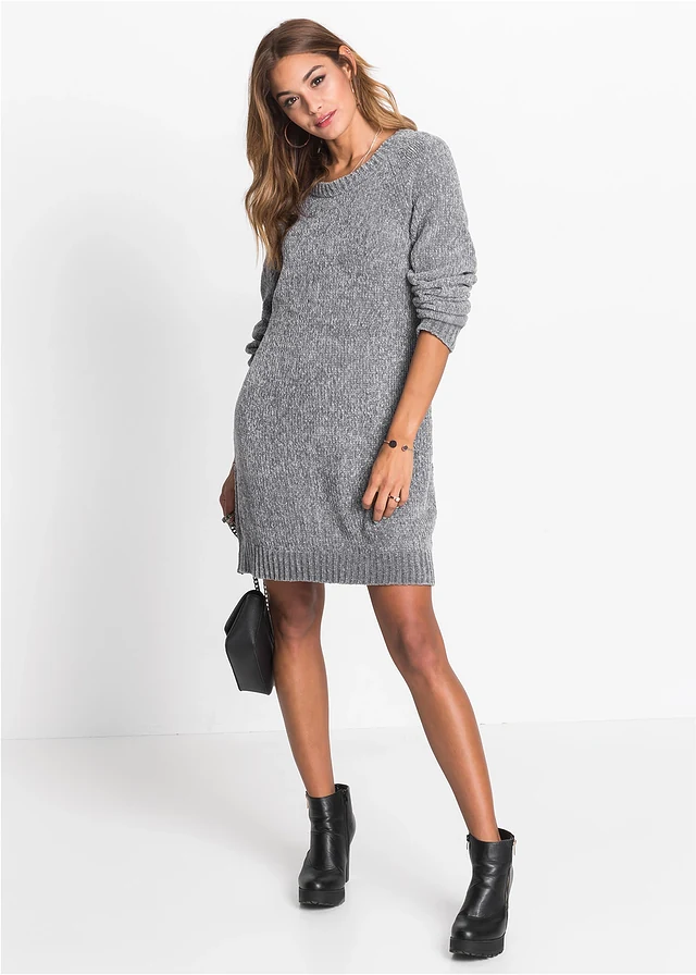 Gebreide oversized jurk van chenille, Kleur: grijs
