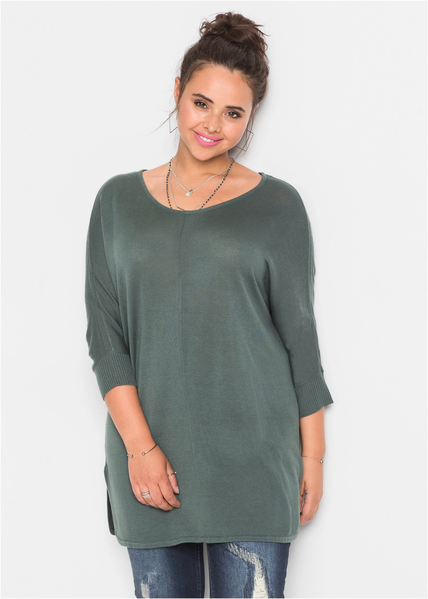 Fijnebreide trui met 3/4 mouwen • eucalyptusgroen plus size • bonprix online shop