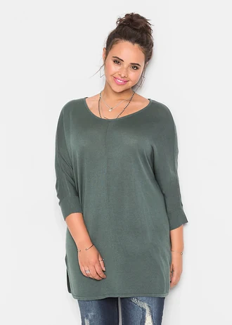 Sweter z cienkiej dzianiny z rękawami 3/4, kolor: zielony eukaliptusowy