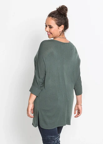 Sweter z cienkiej dzianiny z rękawami 3/4, kolor: zielony eukaliptusowy