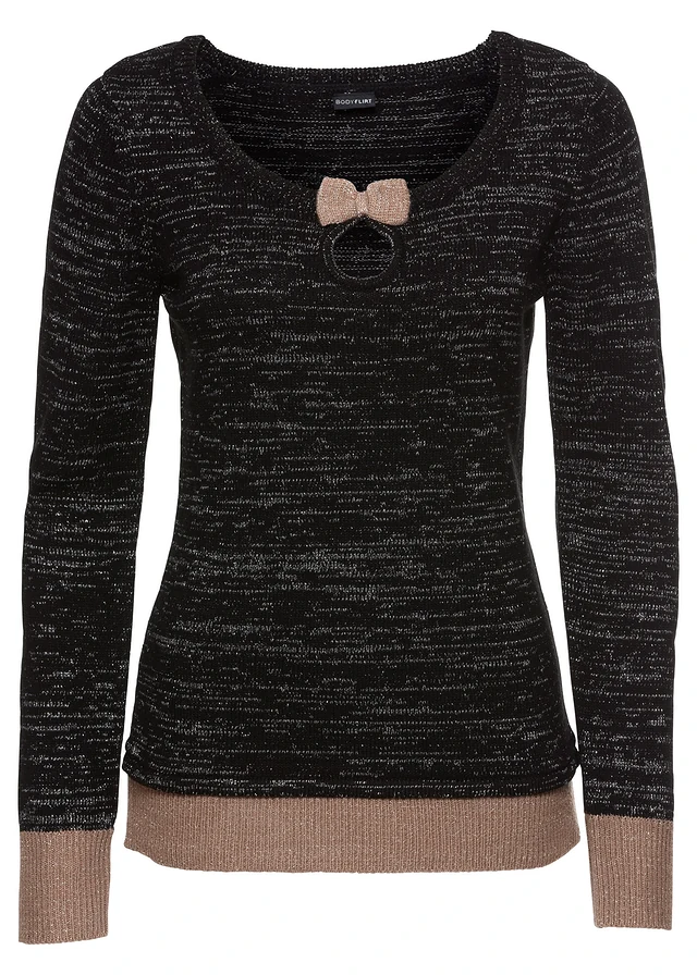 Pull avec nœud, Couleur: noir/taupe/argenté métallisé