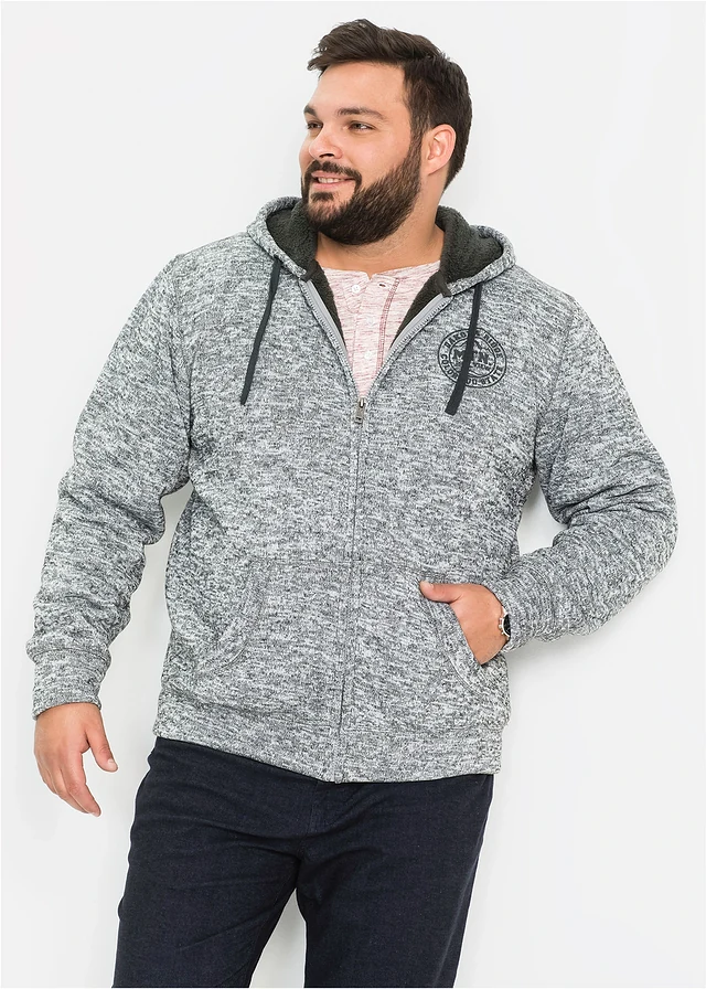 Sweatvest met capuchon en teddy voering, Kleur: grijs gemêleerd met print
