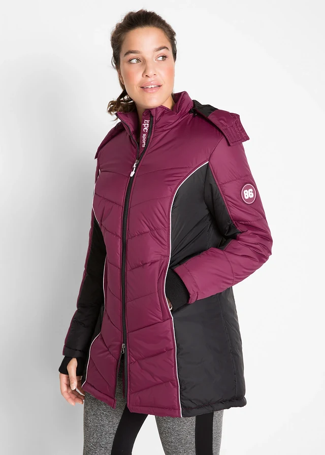 Lange, gewatteerde outdoor jas, waterafstotend, Kleur: bessen