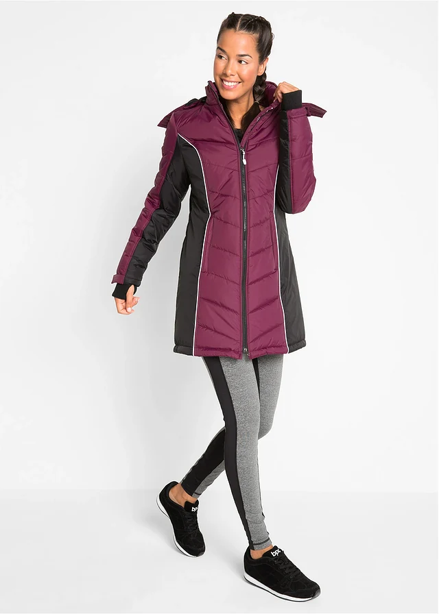 Lange, gewatteerde outdoor jas, waterafstotend, Kleur: bessen