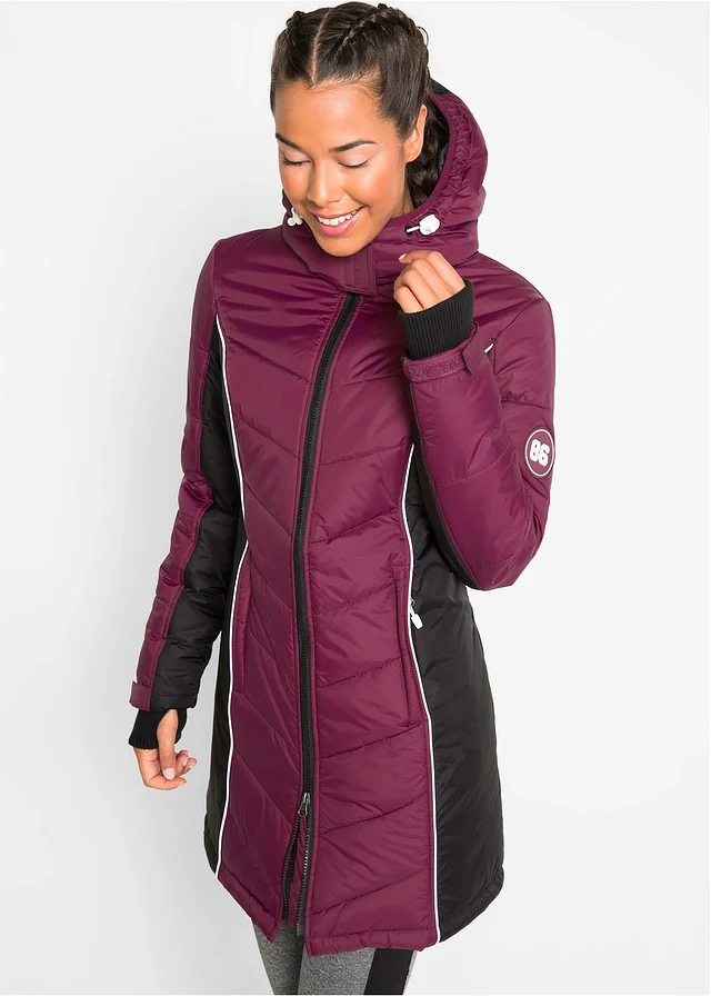 Lange, gewatteerde outdoor jas, waterafstotend, Kleur: bessen
