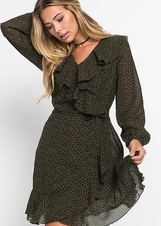 Mini ruha átkötős fazonban • sötét olivazöld-fekete pöttyös • bonprix áruház