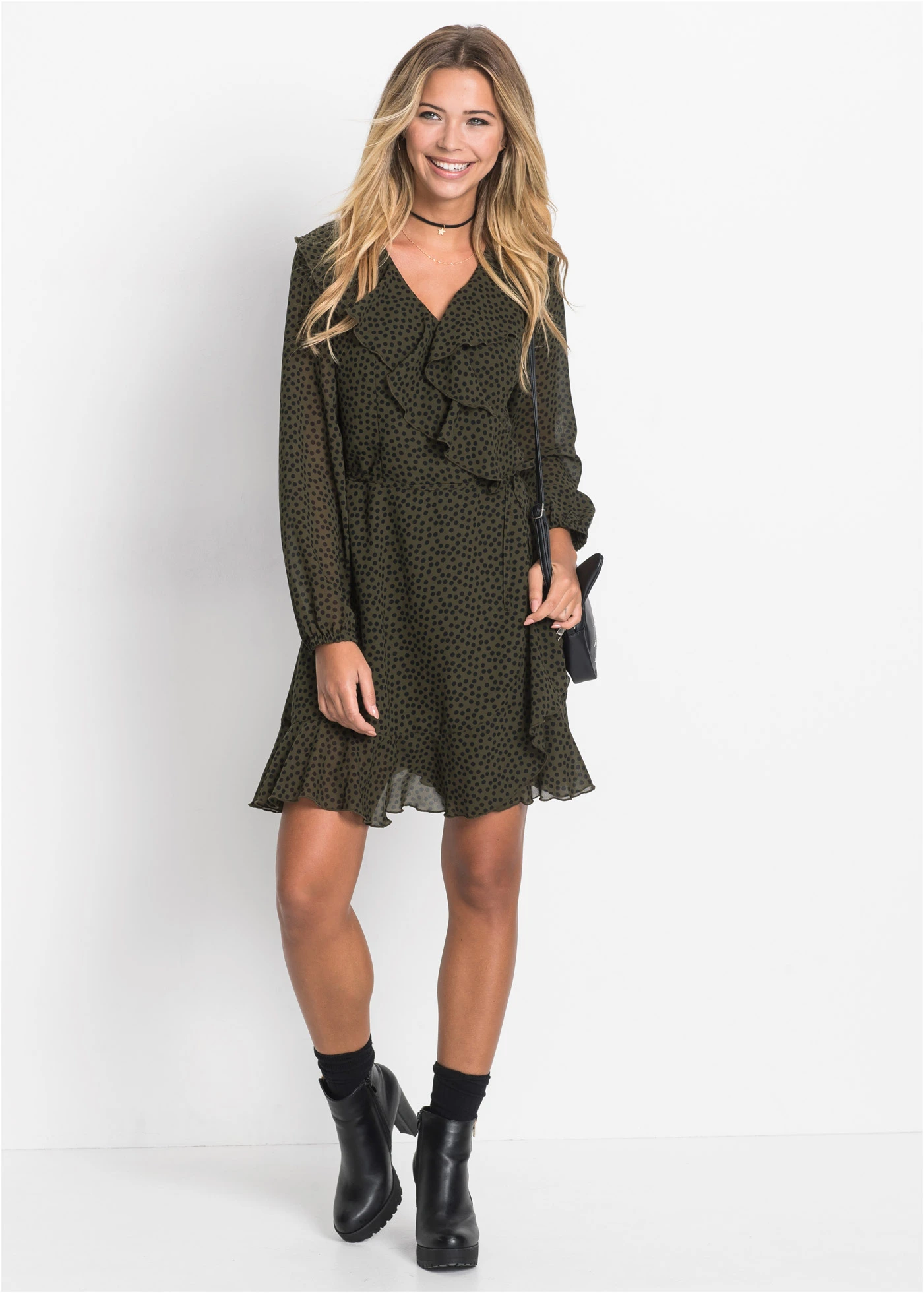 Mini ruha átkötős fazonban • sötét olivazöld-fekete pöttyös • bonprix áruház