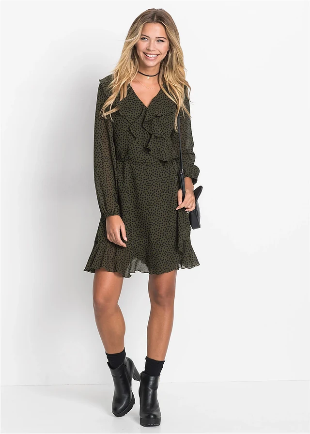 Mini jurk in wikkellook • donkerolijfgroen-zwart gestippeld • product-page.page-title-suffix