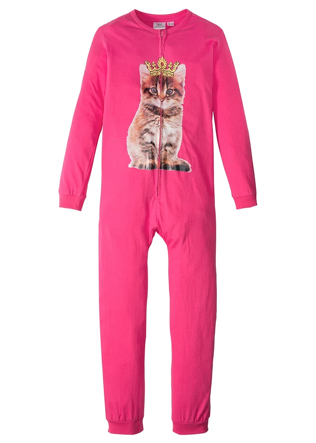 Pijama tip salopetă din bumbac organic 100%, culoare: roz închis cu imprimeu