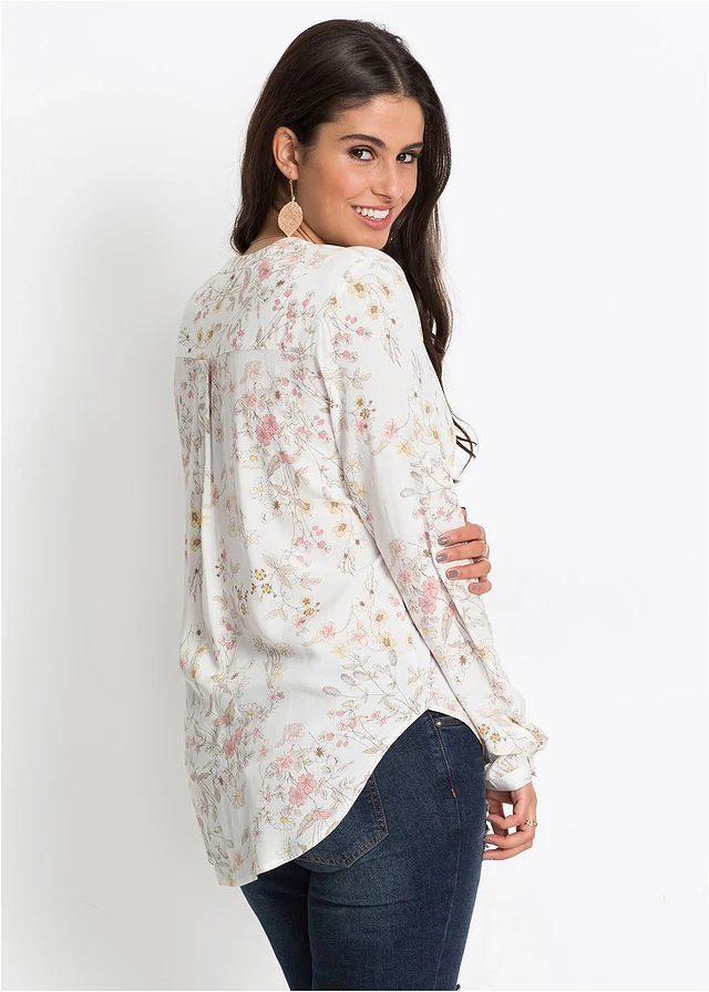Gedessineerde blouse, Kleur: wolwit gebloemd