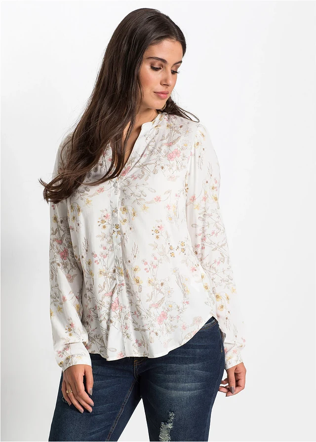 Gedessineerde blouse, Kleur: wolwit gebloemd