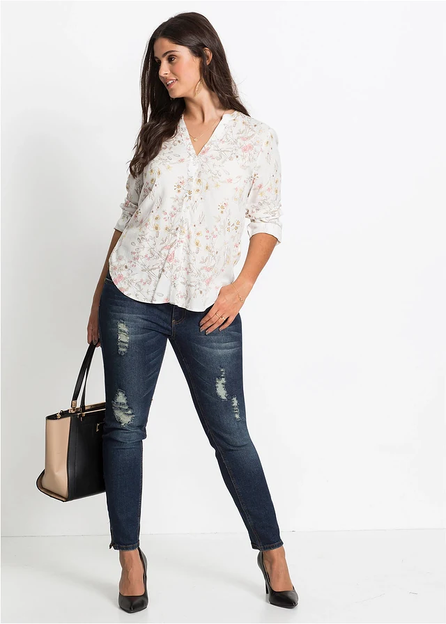 Gedessineerde blouse, Kleur: wolwit gebloemd