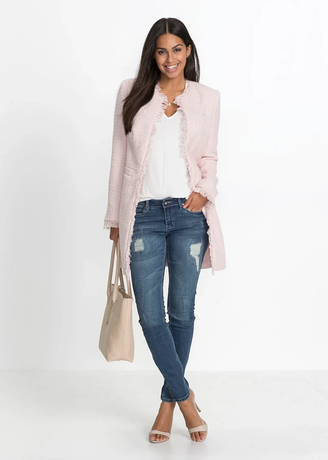 Lange bouclé blazer, Kleur: lichtroze