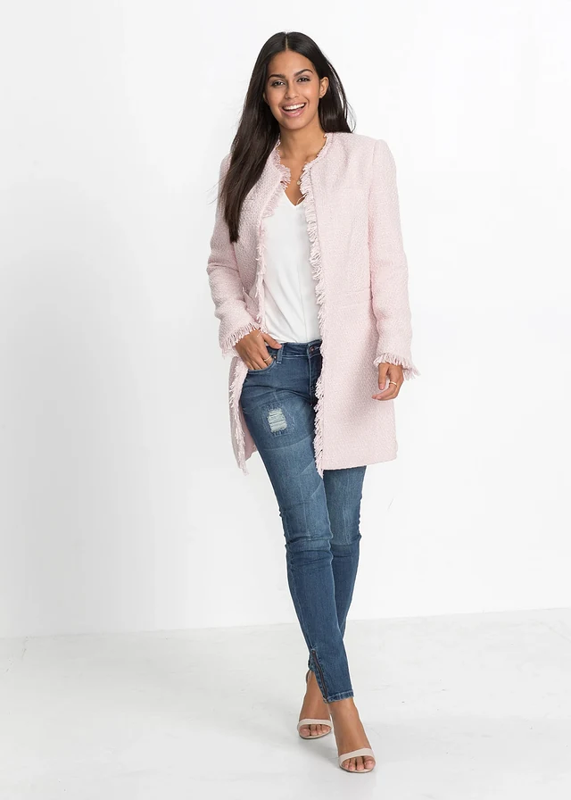 Lange bouclé blazer, Kleur: lichtroze