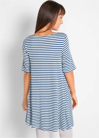 Tunique T-shirt en viscose extensible, Couleur: indigo-écru rayé