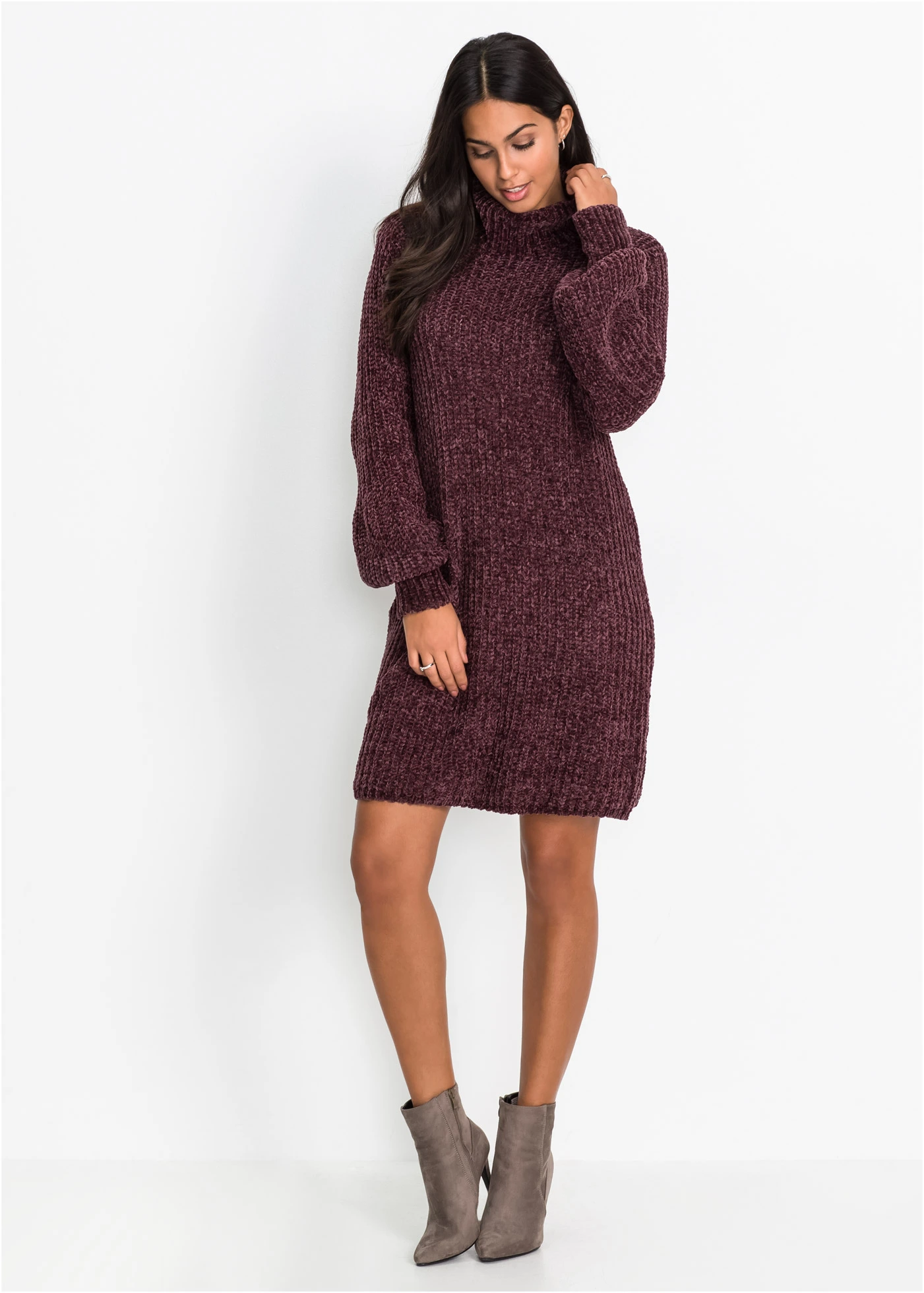 Gebreide chenille jurk van gerecycled polyester • aubergine • bonprix online shop
