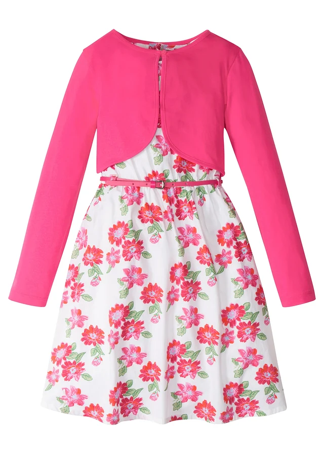 Jurk, riem en bolero (3-dlg. set), Kleur: wit-donkerpink gebloemd