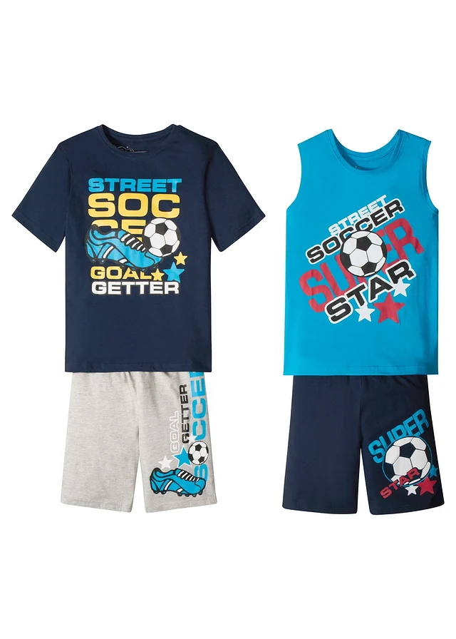 Jongens T-shirt, tanktop en bermuda's (4-dlg. set), Kleur: donkerblauw-turkooi -grijs gemêleerd
