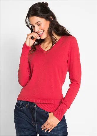 Fijngebreide trui met V-hals, Kleur: rood