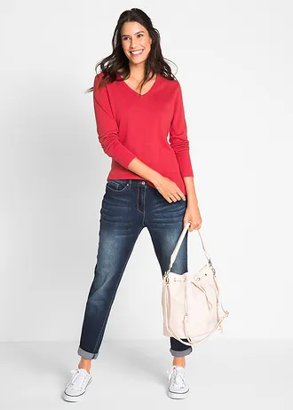 Fijngebreide trui met V-hals, Kleur: rood