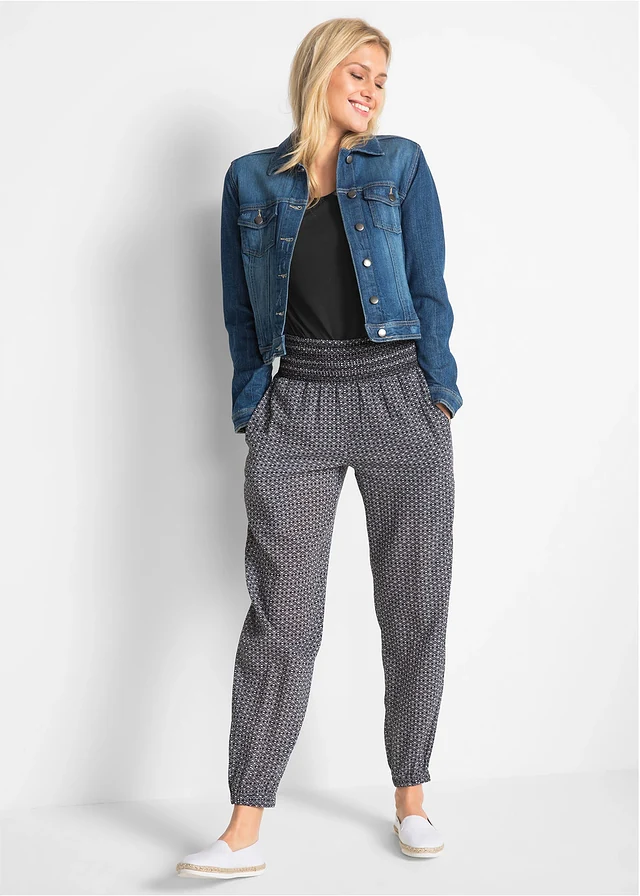 Pantalon sarouel froissé, Couleur: noir/blanc imprimé graphique
