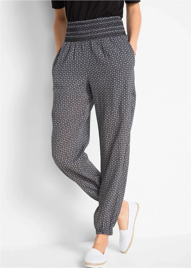 Pantalon sarouel froissé, Couleur: noir/blanc imprimé graphique