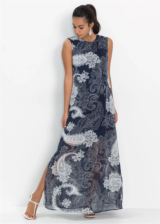 Maxi zomerjurk van chiffon, Kleur: donkerblauw paisley