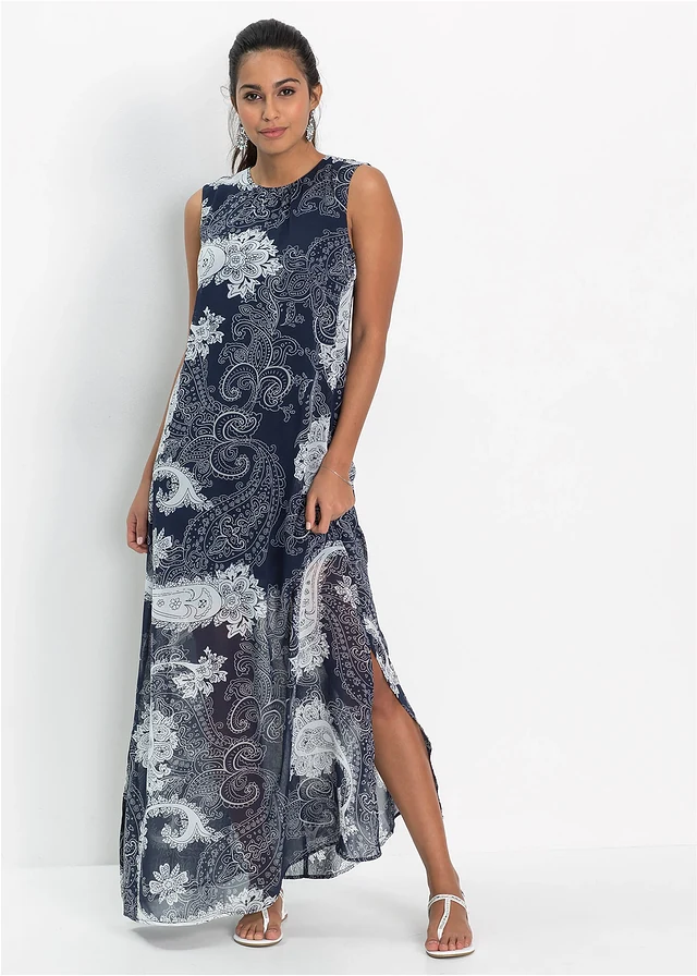 Maxi zomerjurk van chiffon, Kleur: donkerblauw paisley