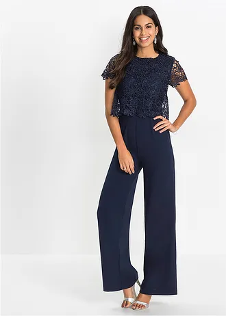 Jumpsuit van zacht scuba met kant • donkerblauw • bonprix online shop