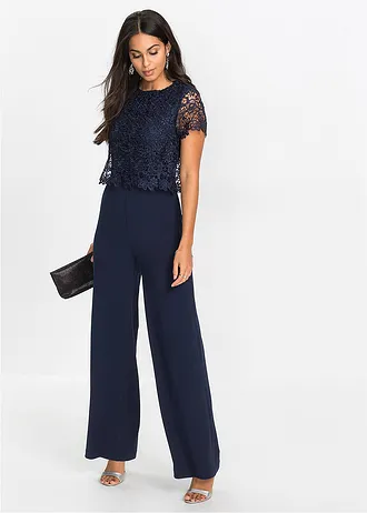 Jumpsuit van zacht scuba met kant • donkerblauw • bonprix online shop