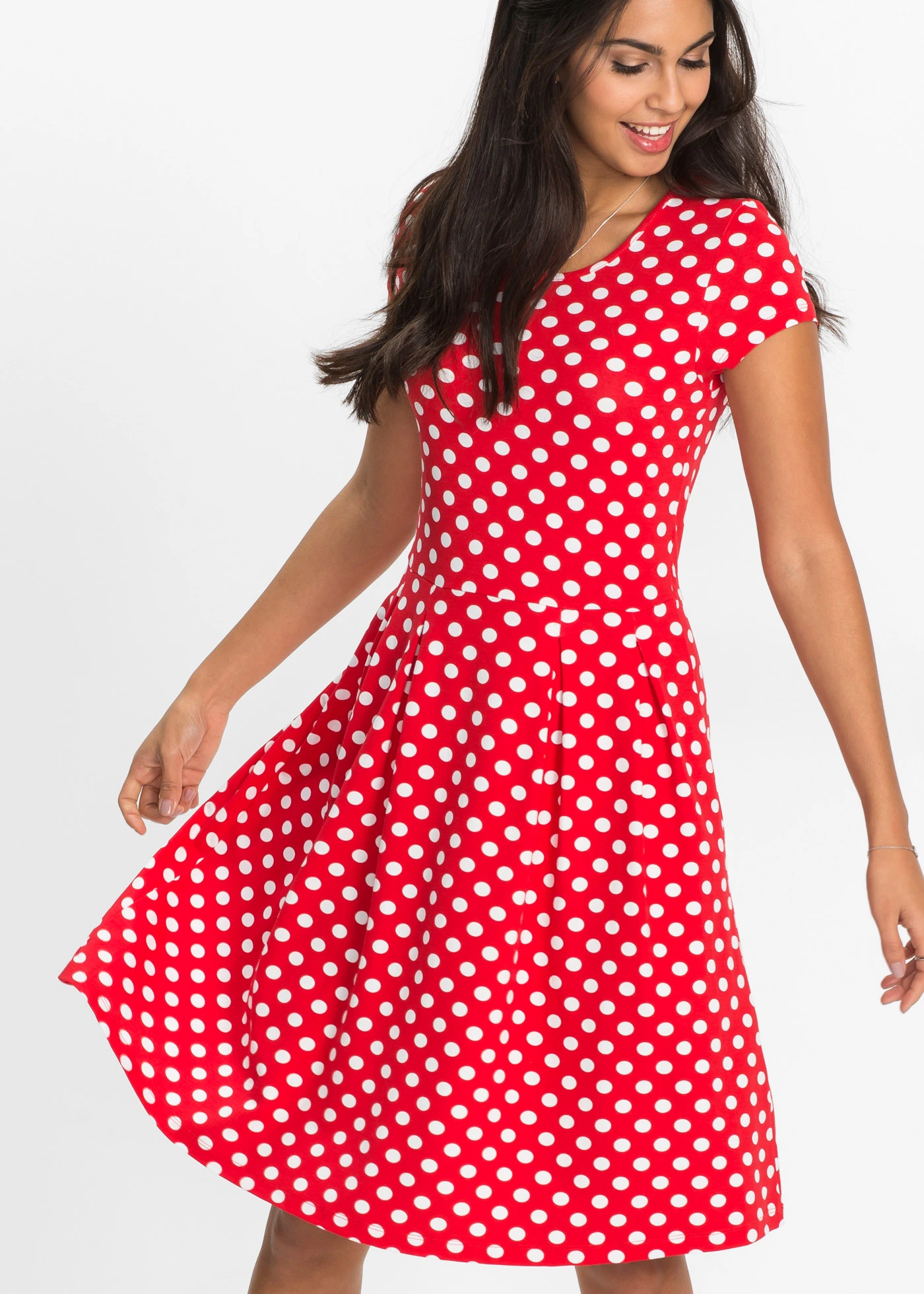 Žerzejové šaty z viskózové směsi • jahodovo-bílá s puntíky • bonprix obchod