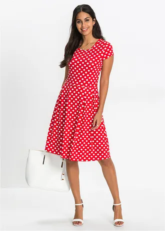 Robe en jersey viscose extensible, Couleur: fraise pois blanc