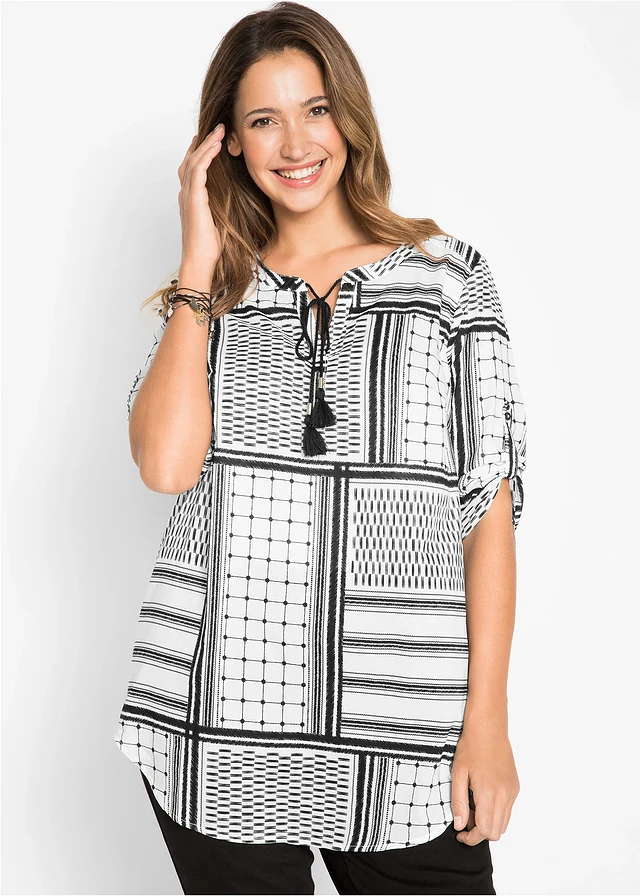 Tunique longue 100% coton, Couleur: noir-blanc imprimé