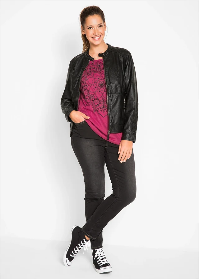 T-shirt fil flammé manches courtes, Couleur: rouge baie imprimé graphique