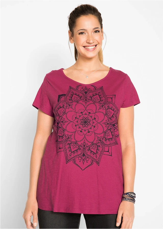 T-shirt fil flammé manches courtes, Couleur: rouge baie imprimé graphique