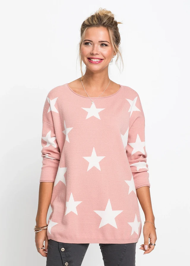 Oversize svetr • vintage růžovo-bílá s potiskem • bonprix obchod