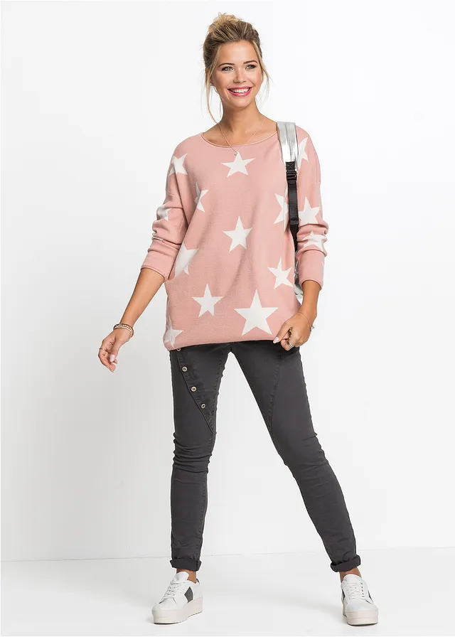 Oversize pulóver vintage ružová/biela potlačená