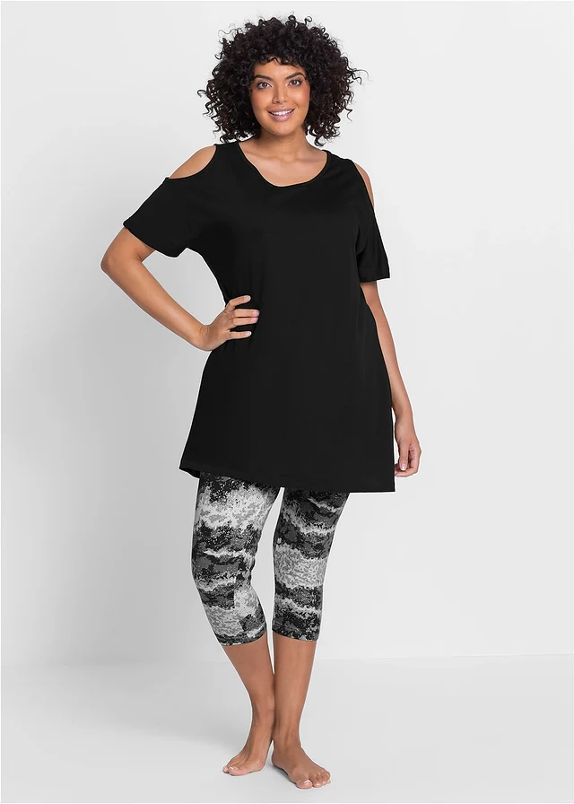 Pijama capri cu mâneci scurte, culoare: negru cu imprimeu