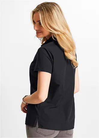 Popeline blouse met korte mouwen, Kleur: zwart