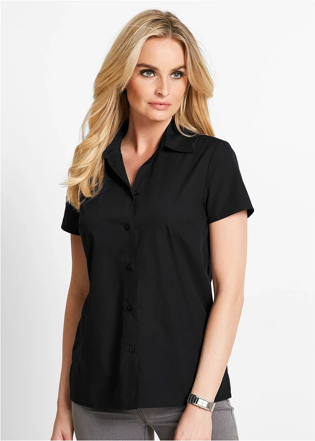 Popeline blouse met korte mouwen, Kleur: zwart