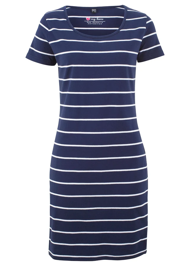 Robe en jersey coton, Couleur: bleu foncé-blanc rayé