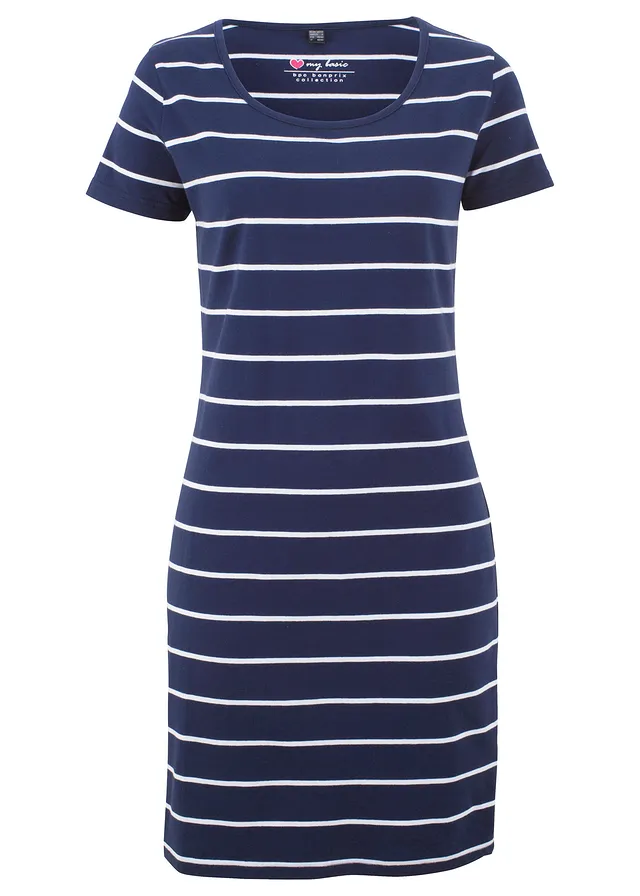 Strečové žerzejové šaty, krátký rukáv • tmavě modrá - bílá s proužky • bonprix obchod
