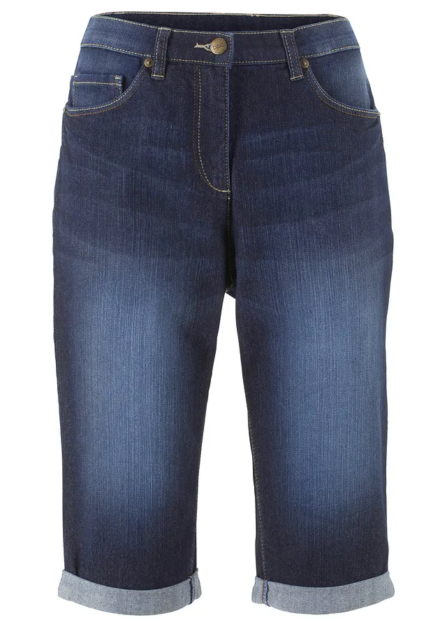 Bermudy jeansowe ze średnim stanem i podwiniętymi nogawkami • ciemnoniebieski denim • sklep bonprix